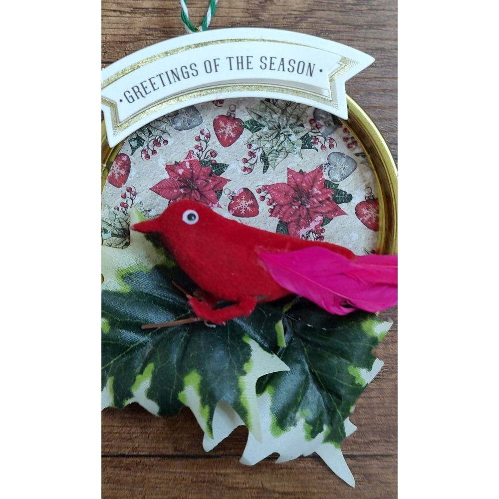 Vtg Bird Christmas Ornament Handmade Cardinal Diorama Upcycled O6